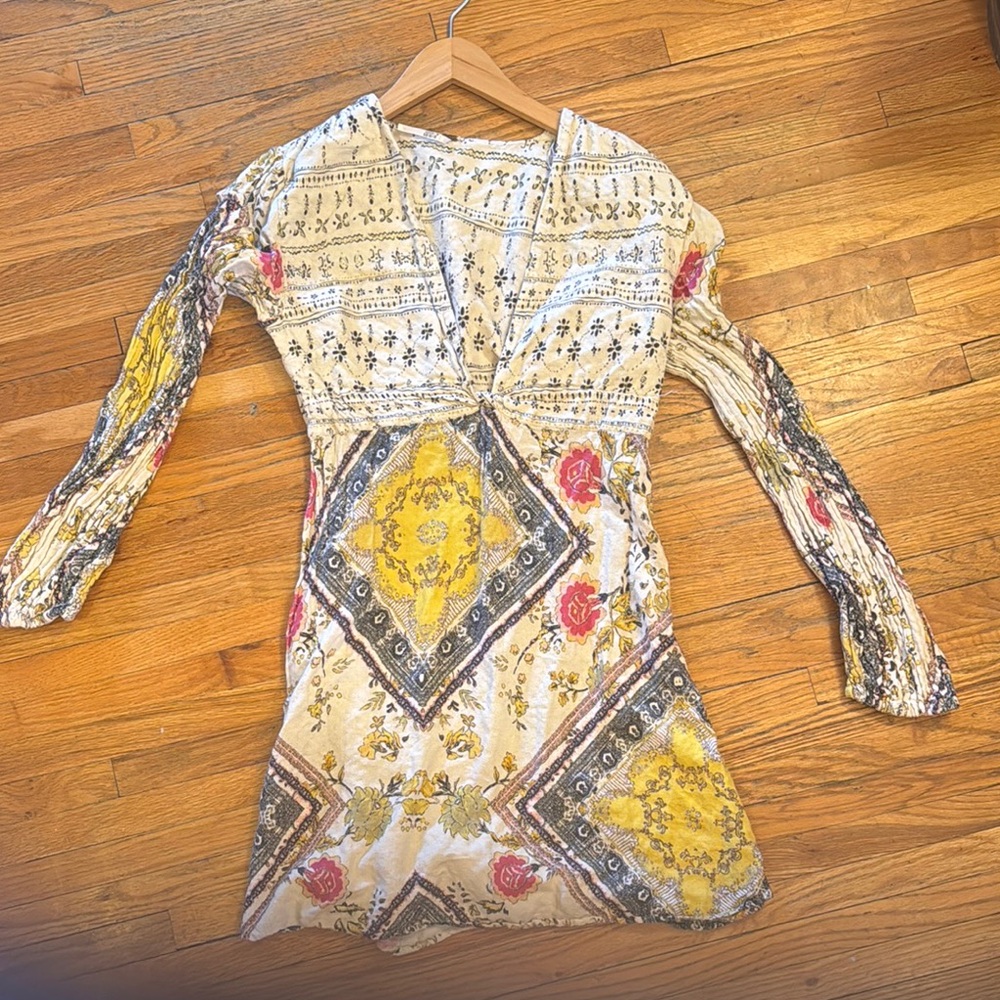 Free People White and Yellow Long Sleeve Sundress